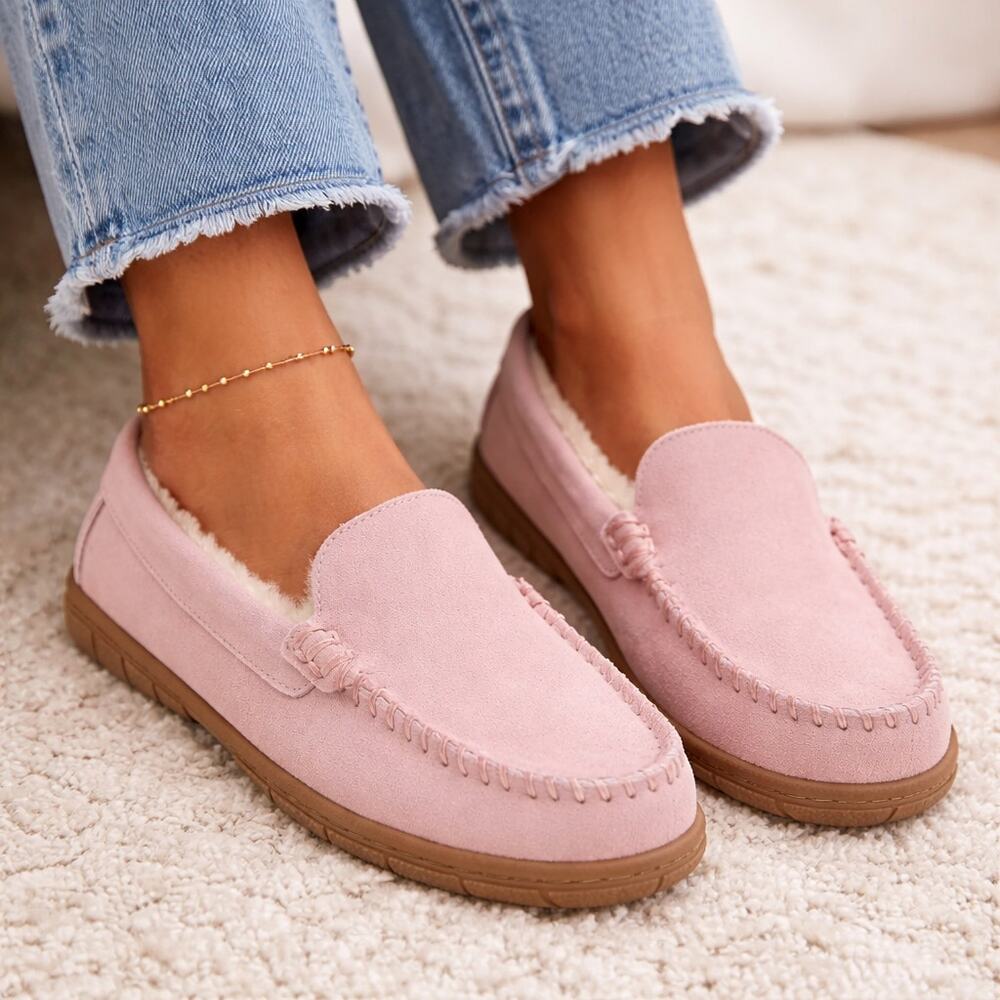 Lands' End Women's Fuzzy Lined Suede Moccasin Slippers Pink Frost 473069 NEW